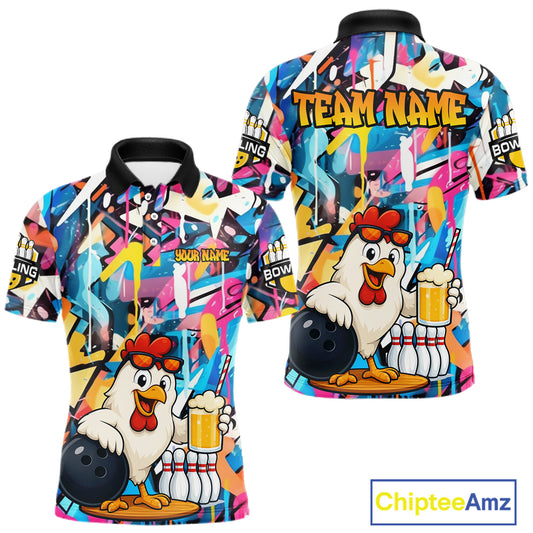 Funny Chicken Colorful Graffiti Bowling Shirts For Men, Best Bowling Team Jersey Polo & 1/4 Zip TDM6515