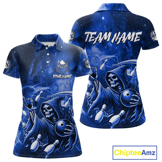 Funny Blue Grim Reaper Galaxy Bowling Shirt For Women Custom Bowling Team Jersey Polo & 1/4 Zip TDM6079