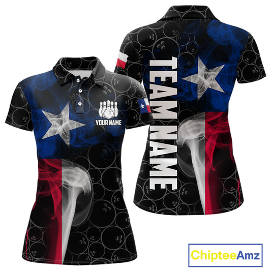 Personalized Texas Flag Smoke Bowling Shirt For Women, Patriotic Bowling Team Jersey Polo & 1/4 Zip TDM6088