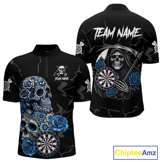 Personalized Blue Funny Skull Roses Darts Shirt For Men Custom Darts Team Jersey, Darts Outfit TDM4355