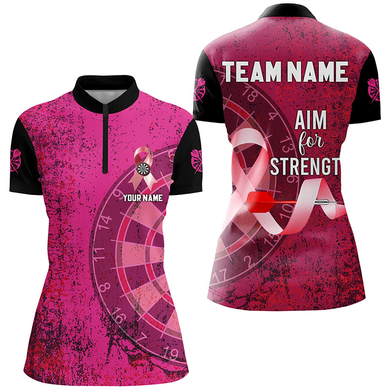 Pink Ribbon Aim For Strength Custom Darts Shirts For Women, Breast Cancer Pink Darts Team Jerseys TDM2508