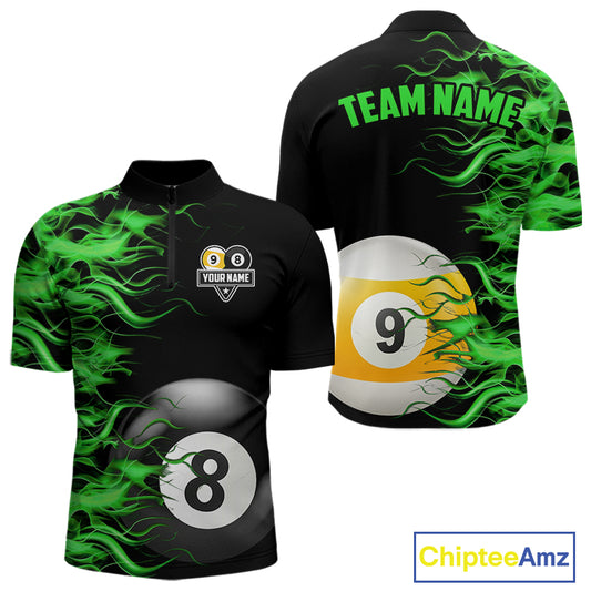Green Flaming 8 Ball & 9 Ball Billiard Shirt For Men Custom Pool Team Jersey Polo & 1/4 Zip TDM5482