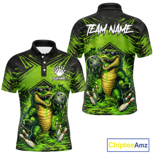 Black And Green Funny Alligator Bowling Shirt For Men Custom Bowling Jersey Team Polo & 1/4 Zip TDM6109