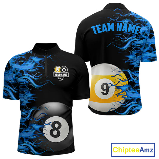 Blue Flaming 8 Ball & 9 Ball Billiard Shirt For Men Custom Pool Team Jersey Polo & 1/4 Zip TDM4377