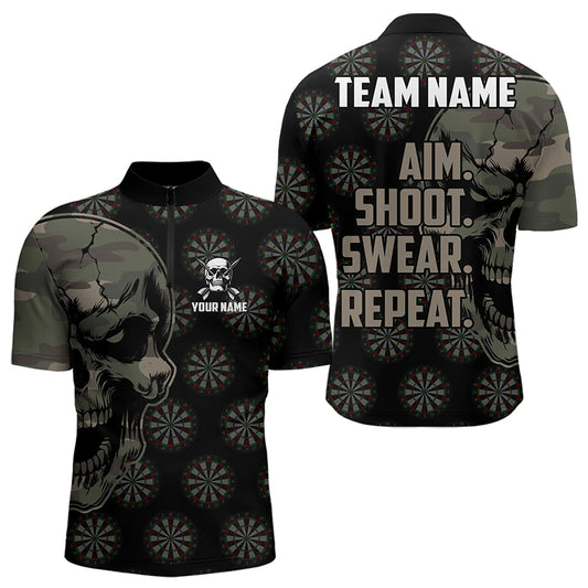 Funny Camo Darts Skull Aim Shoot Swear Repeat Custom Dart Shirts For Men, Vintage Dart Team Jerseys TDM3266