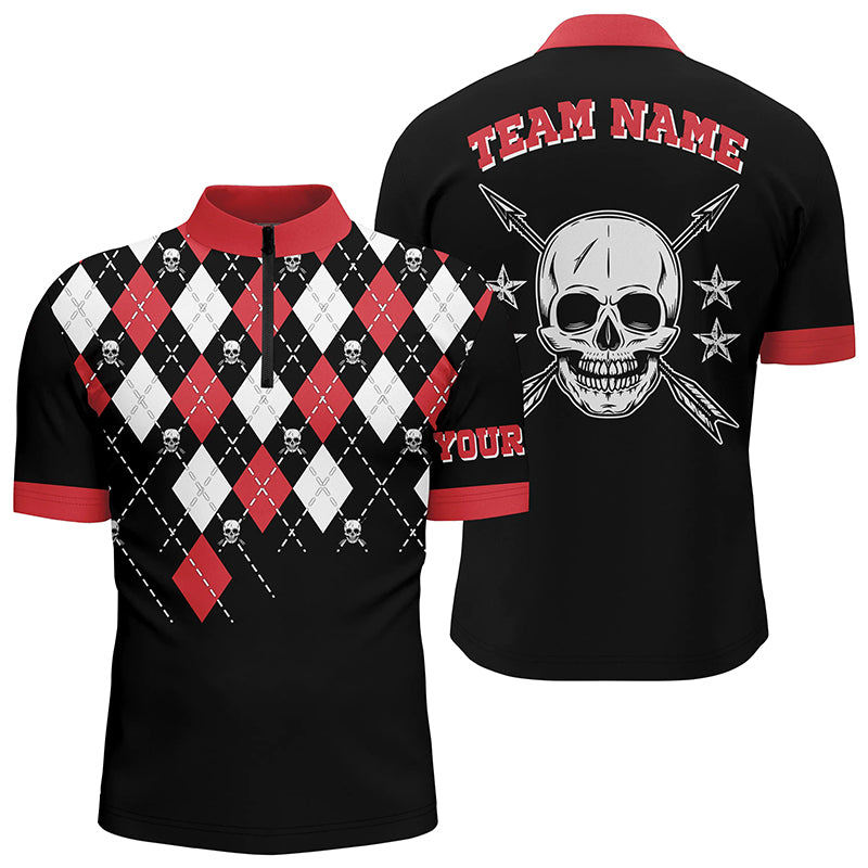 Personalized Archery Skull Arrow Custom Name Argyle Pattern Quarter-Zip Shirts For Men TDM0645