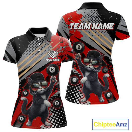 Custom Red Funny Cat Billiard Shirt For Women, Personalized 8 Ball Pool Team Jersey Polo & 1/4 Zip TDM6441