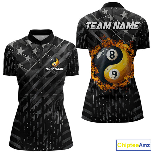 Black US Flag Ying And Yang 8 Ball & 9 Ball Custom Billiard Shirts For Women Funny Billiard Jerseys TDM3357
