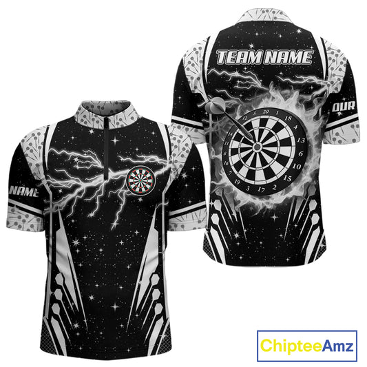 Personalized Thunder Lightning Dart Jersey For Men, Black White Darts Team Shirt Polo & 1/4 Zip TDM4123