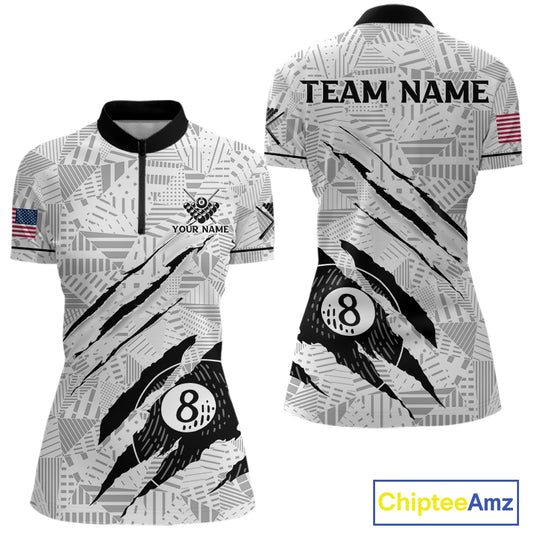 Personalized Funny Scratch 8 Ball Pool Billiard Polo, 1/4 Zip For Women Custom Team Billiard Jersey TDM4147