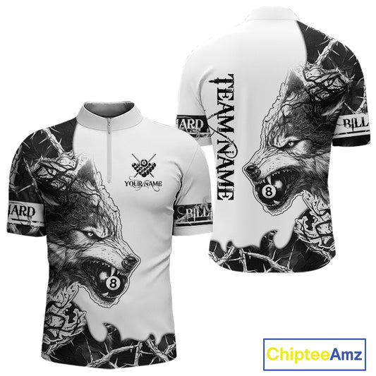 White Black Thorny Camo Wolf Billiard Shirts For Men Custom 8 Ball Pool Team Jersey Polo & 1/4 Zip TDM5668