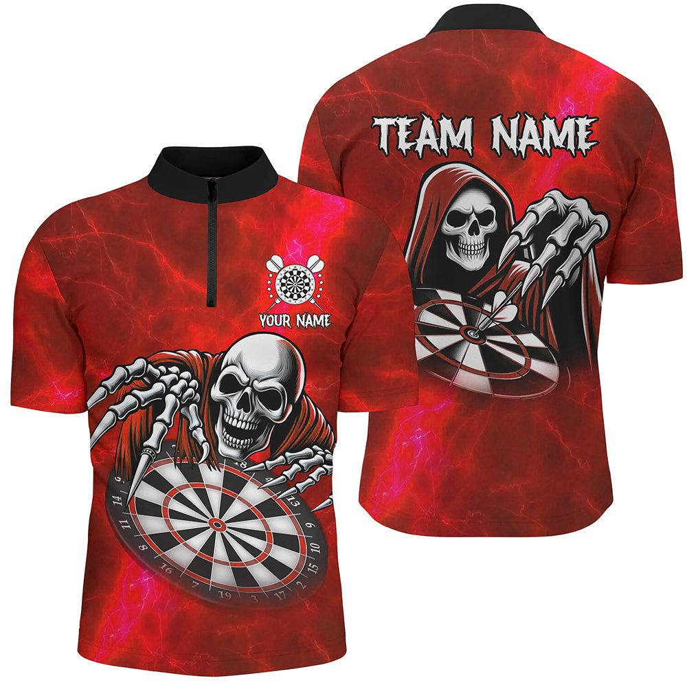 Grim Reaper Custom Red Dart Shirts For Men, Personalized Name 3D Skull Dart Team Jerseys TDM3019