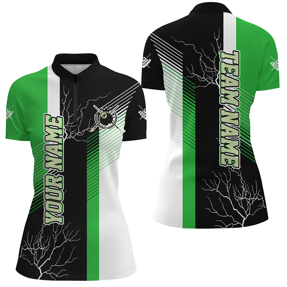 Personalized Black Green Billiard Polo, Quarter Zip For Women Custom 8 Ball Pool Billiard Team Jersey TDM3269
