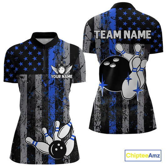 Blue Grunge American Flag Patriotic Bowling Shirt For Women Custom Bowling Team Jersey Polo, 1/4 Zip TDM4851