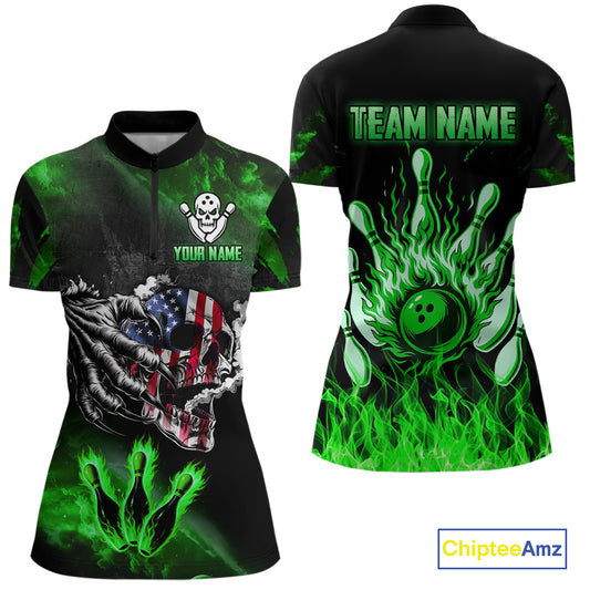 Green Flaming American Flag Skull Bowling Shirt For Women Custom Fire Bowling Team Jersey TDM4656