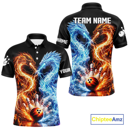 Personalized Fire And Icy Dragon Bowling Shirt For Men, Lightning Bowling Jersey Polo & 1/4 Zip TDM6185