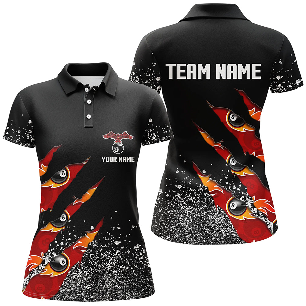 Custom Ball 8 Black Grunge Billiard Polo Shirts For Women Best Custom Team Name Billiard Jerseys TDM0653