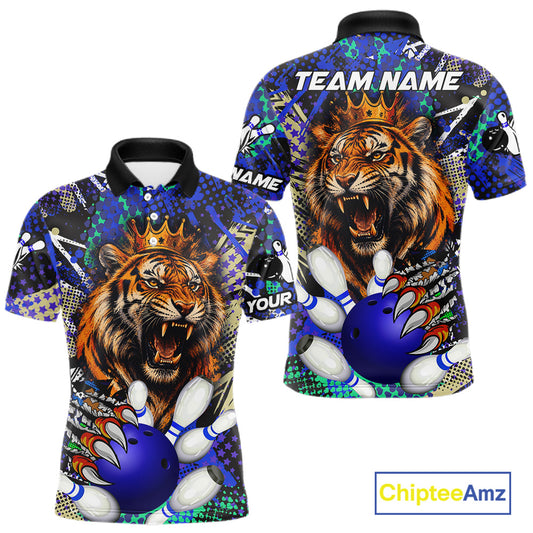 Blue graffiti tiger bowling team polo shirt for men with bold tiger artwork.