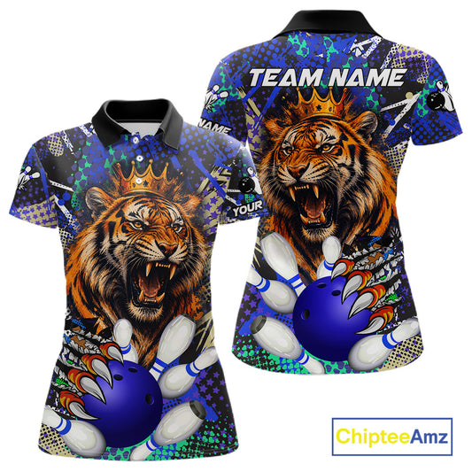 Blue graffiti tiger bowling team polo shirt for women with bold tiger artwork.