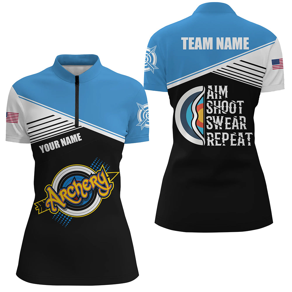 Archery Aim Shoot Swear Repeat Personalized Women Quarter-Zip Shirts, Funny Archery Shirts TDM0463