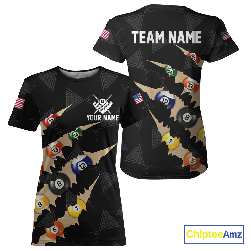 Custom Tan 8 Ball Pool Scratch Billiard T-Shirt For Women Black Billiard League Team Jersey TDM5990