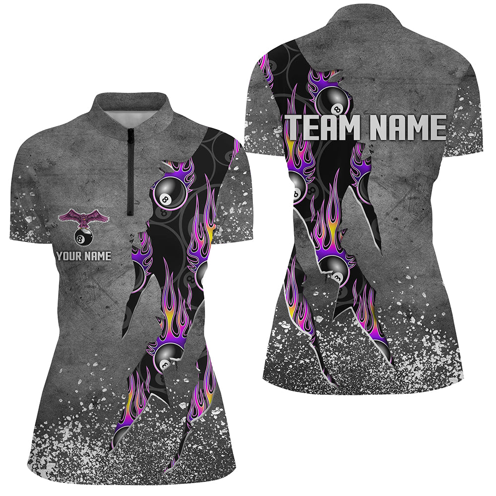 Custom Ball 8 Grey Grunge Billiard Shirts For Women Best Custom Team Name Billiard Jerseys |Purple TDM1560
