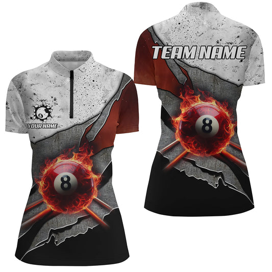 Personalized Grey Grunge Fire 8 Ball Pool Billiard Women Shirts Custom Billiard Jersey For Pooler TDM1566