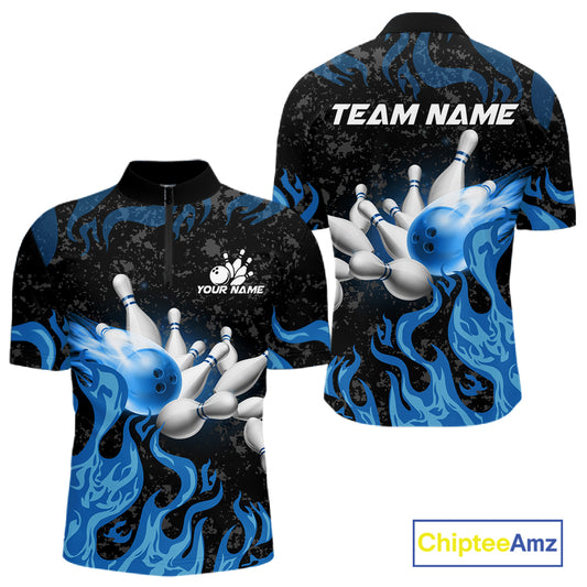 Blue Flaming Bowling Jersey For Men Custom Fire Bowling Pin Team Jersey Polo & Quarter Zip Shirts TDM6267