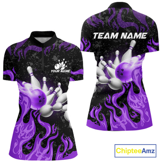 Purple Flaming Bowling Jersey For Women Custom Fire Bowling Pin Team Jersey Polo & Quarter Zip TDM6269