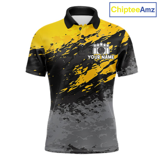 Yellow funny banana grunge bowling polo shirt for men with custom team graphics.