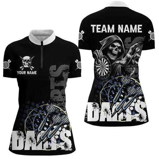 Custom Black White Grim Reaper Grunge Dart Shirts For Women, Dart Team Jerseys Uniform TDM2952