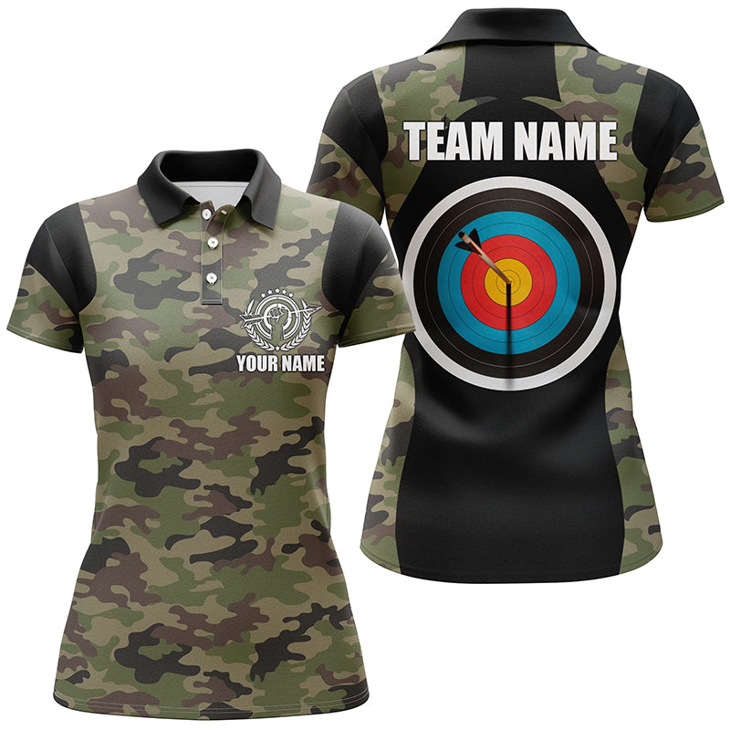 Personalized Green Camouflage Archery Polo Shirts For Women, Best Gifts For Archery Team Player TDM0709