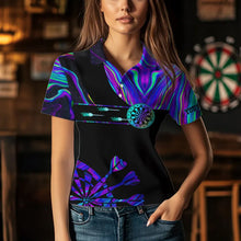 Load image into Gallery viewer, Neon Purple Blue Darts Tie Dye Polo & Quarter Zip Custom Dart Shirts For Women Glowing Dart Jerseys TDM3559