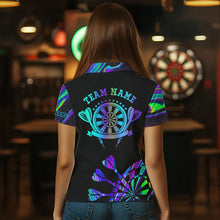 Load image into Gallery viewer, Neon Purple Blue Darts Tie Dye Polo & Quarter Zip Custom Dart Shirts For Women Glowing Dart Jerseys TDM3559