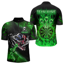 Load image into Gallery viewer, Fire Flame Darts Board American Flag Skull Dart Shirts For Men Custom Darts Team Jerseys |Green TDM2981