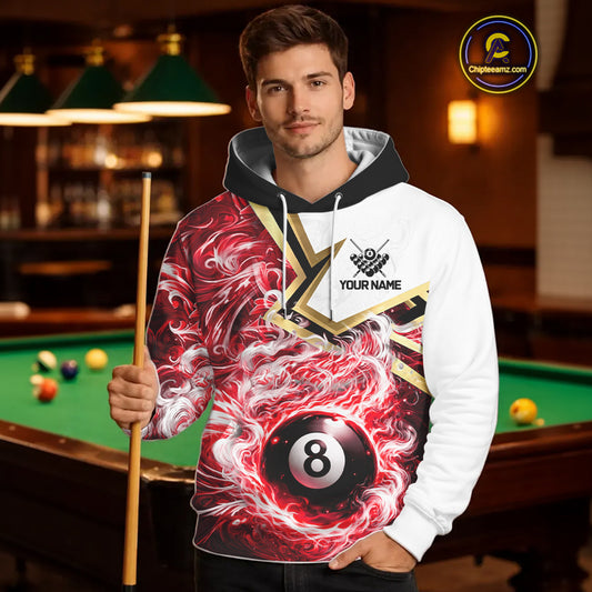 Red 8 Ball Flame Smoke Golden Billiard Hoodie For Men And Women Custom 8 Ball Pool Hoodie Jersey TDM5736