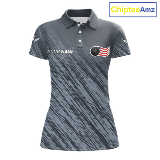 Personalized US Flag Grey Bowling Shirt For Women, Patriotic Bowling Team Jersey Polo & 1/4 Zip TDM6087