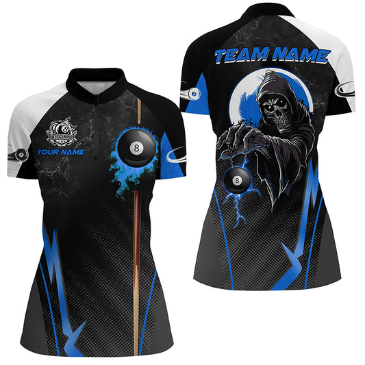 Funny Grim Reaper Ball 8 Fire Custom Women Billiard Shirts, Best 8 Ball Pool Jerseys |Blue TDM2035