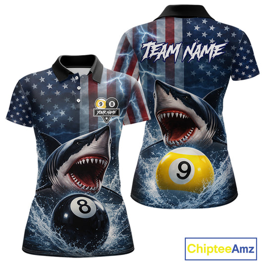 American Flag Shark 8 Ball & 9 Ball Billiard Shirt For Women Custom Lightning Patriotic Pool Jersey TDM5770