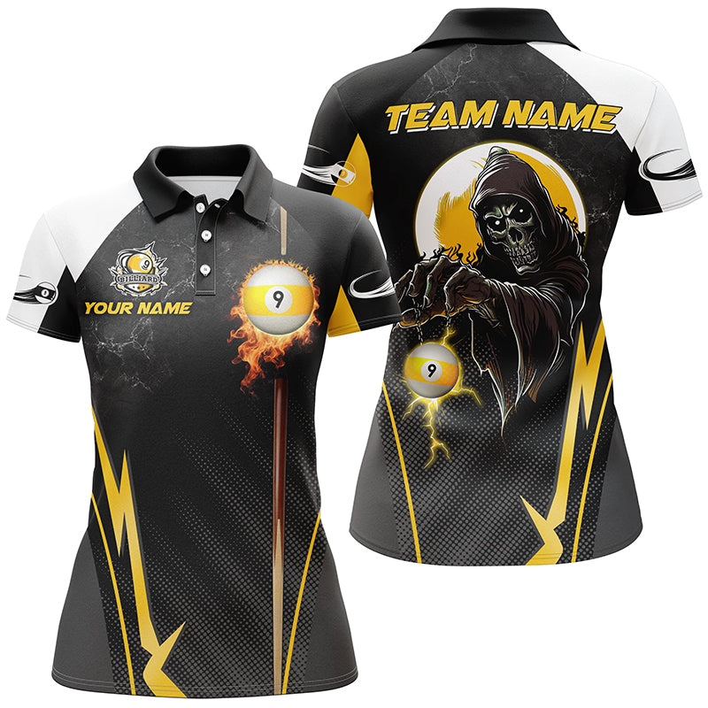 Funny Grim Reaper Billiard Ball 9 Fire Custom Women Polo Shirts, Best 9 Ball Pool Jerseys TDM1314
