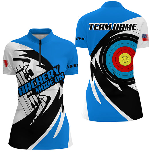 Personalized Blue Archery Jerseys Women Polo & Quarter-Zip Shirts Custom Archery Bow Shirts TDM1686