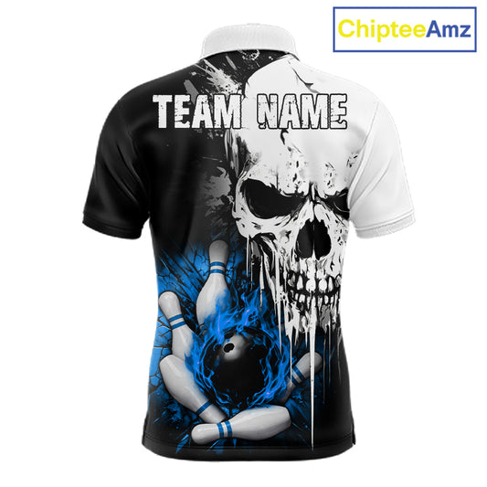 Personalized Blue Grunge Skull Bowling Shirt For Men, Bowling League Team Jersey Polo & 1/4 Zip TDM6419
