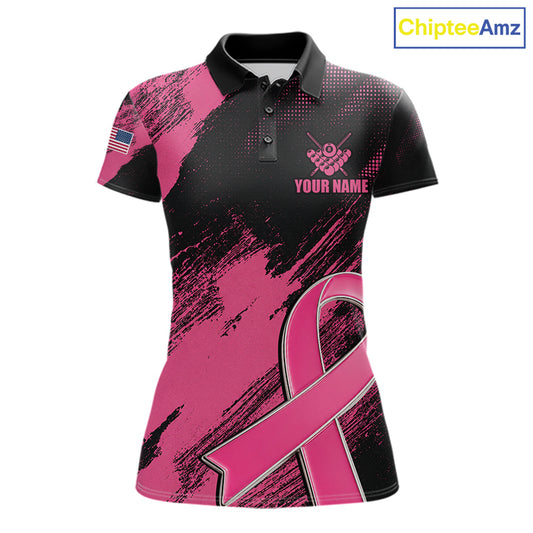 Pink Ribbon US Flag 8 Ball Breast Cancer Awareness Billiard Polo Shirt Featuring Patriotic American Flag Artwork for Pool League Players, Team Competition, and Awareness Events