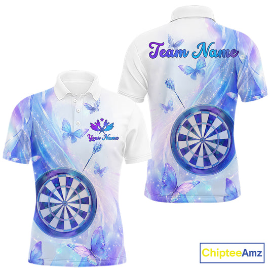 Polo shirt with butterfly and dart design on a pastel background, featuring customizable "Your Name" and "Team Name"