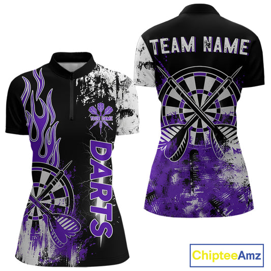 Personalized Purple Grunge Womens Dart Shirts Custom Dart Jerseys Team Polo & 1/4 Zip, Darts Uniform TDM5120