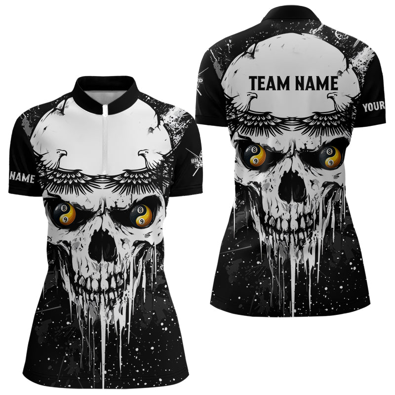 Personalized Black White Grunge Skull Ying And Yang Eyes Women Billiard Shirts, Funny Billiard Jersey TDM3166