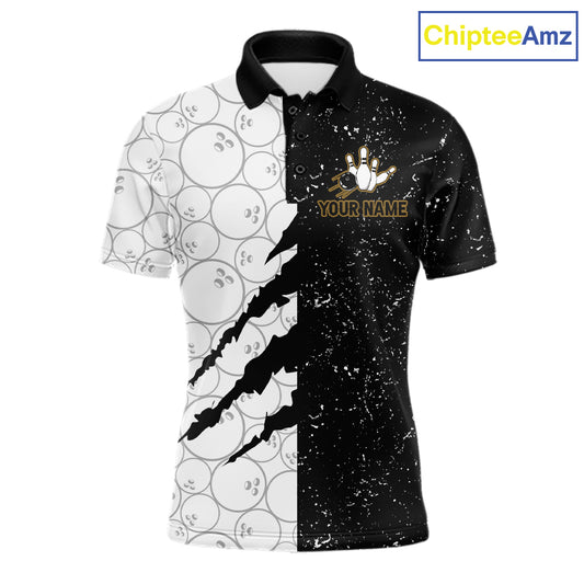Custom Grunge Black White Bowling Shirt For Men, Bowling Tournament Team Shirt Polo & 1/4 Zip TDM6271