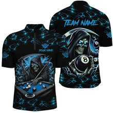 Load image into Gallery viewer, Blue Funny Death Skeleton 8 Ball Pool Men Billiard Shirts Custom Name Lightning Billiard Jerseys TDM2161