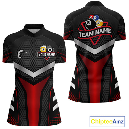 Personalized Billiard 8 Ball & 9 Ball Pool Polo, 1/4 Zip For Women Custom Team Billiard Jerseys |Red TDM4152