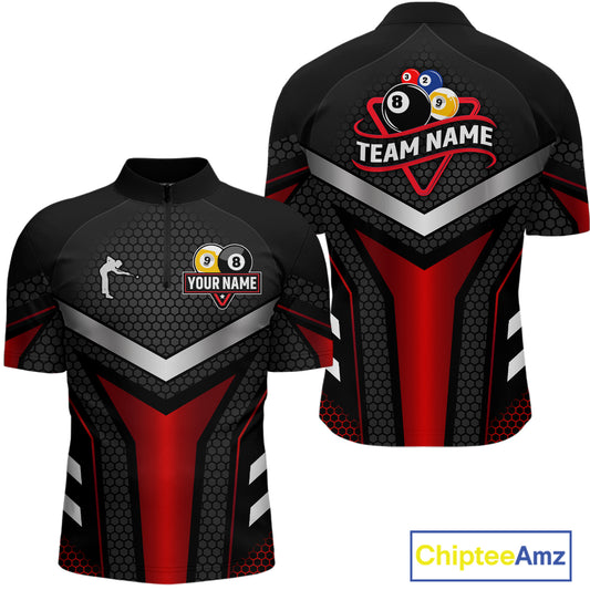 Personalized Billiard 8 Ball & 9 Ball Pool Polo, 1/4 Zip For Men Custom Team Billiard Jerseys |Red TDM4152